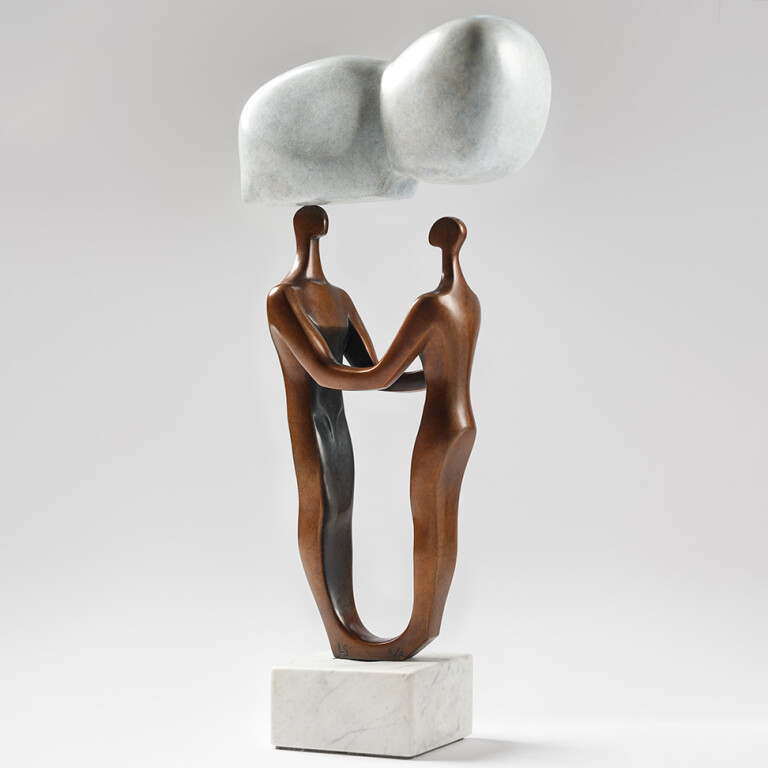 Bronze & Marble Figurative Sculpture – Heads In The Clouds by Larissa Smagarinsky, 63x30x13cm