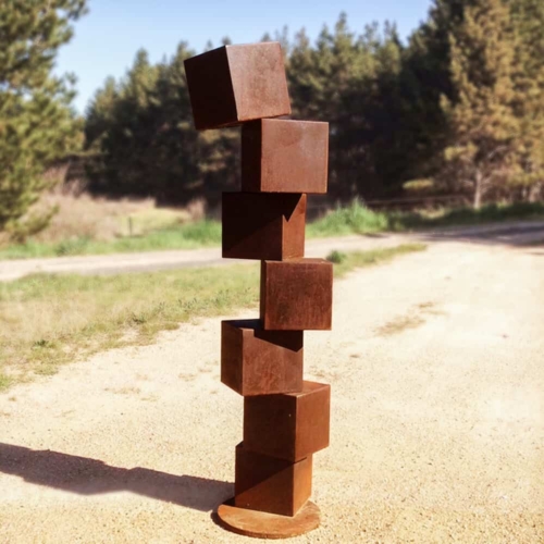 Corten Steel Garden Sculpture – CubeStack #9 by Alex Scheibner, 150x40x40cm | ARTpark Australia