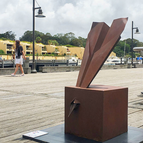 Corten Steel Garden Sculpture – Nose Dive by Jonathan Leahey, 130x70x70cm | ARTpark Australia