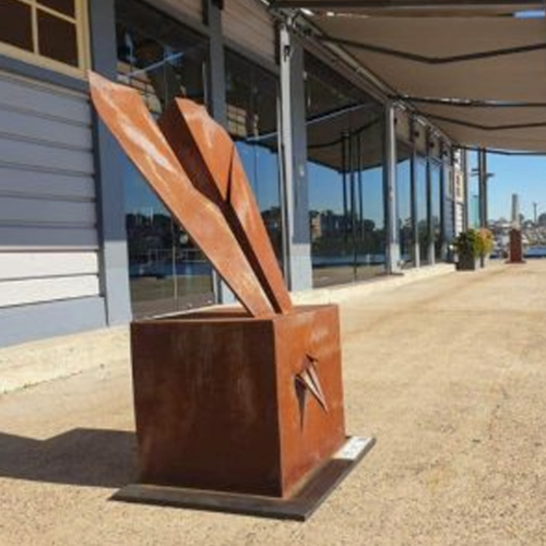 Corten Steel Garden Sculpture – Nose Dive by Jonathan Leahey, 130x70x70cm | ARTpark Australia