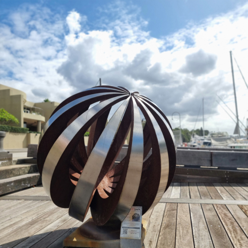 Corten & Stainless Steel Round & Sphere Sculpture – Eclipse by Paul Mutimer, 120cm Diameter | ARTpark Australia