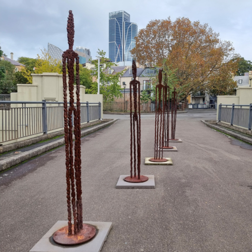 Corten Steel Figurative Sculpture – Observers by Greg Johns, 210cm | ARTpark Australia