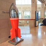 stainless steel rocket sculpture, modern Australian, pop art sculpture
