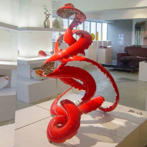 Stainless Steel & Baked Enamel Abstract Sculpture – Red Peel Poem by Rae Bolotin, 135x98x82cm | ARTpark Australia