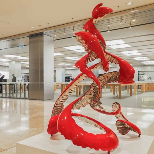 Stainless Steel & Baked Enamel Abstract Sculpture – Red Peel Poem by Rae Bolotin, 135x98x82cm | ARTpark Australia