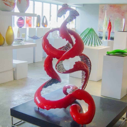 Stainless Steel & Baked Enamel Abstract Sculpture – Red Peel Poem by Rae Bolotin, 135x98x82cm | ARTpark Australia