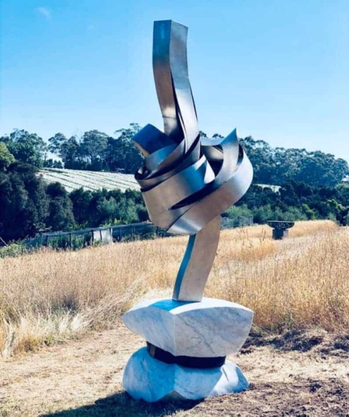 Stainless Steel & Carrara Marble Landmark Sculpture – Divergent Convergent by Martin George, 420x150x150cm | ARTpark Australia