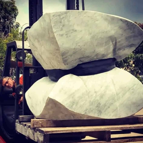 Stainless Steel & Carrara Marble Landmark Sculpture – Divergent Convergent by Martin George, 420x150x150cm | ARTpark Australia