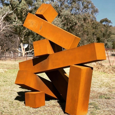 Three-sheets-on-sunday-2.6mx2.4m-CORTEN-STEEL-alex-shiebner-australina-sculpture-large-scale-cube sculpture