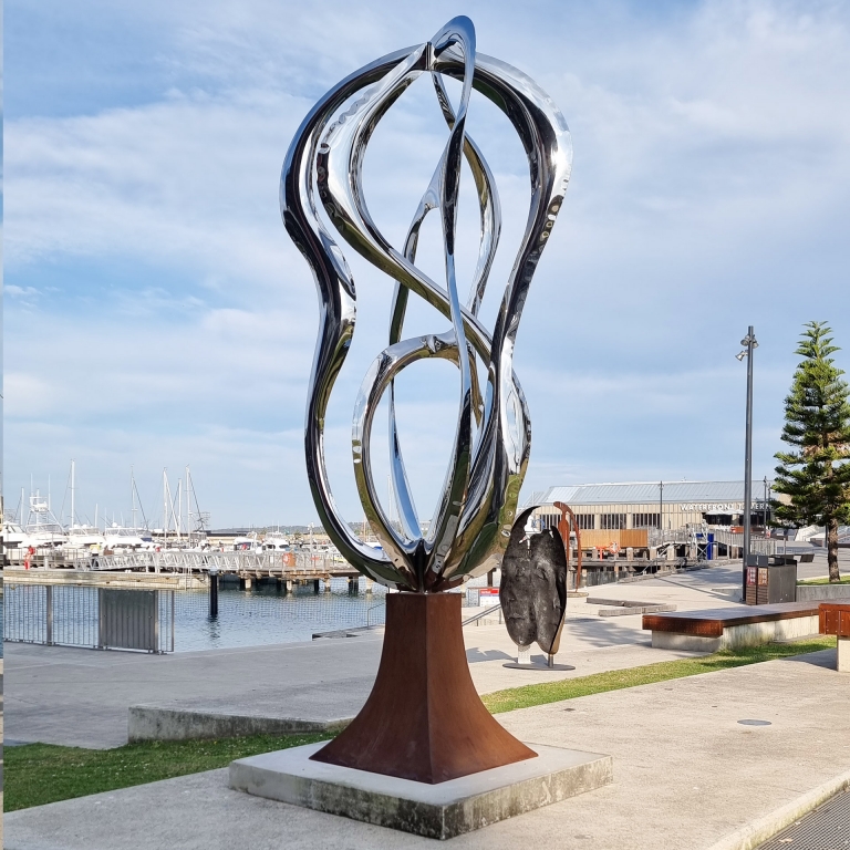 Stainless Steel & Corten Landmark Sculpture – Coalescence by Sam Hopkins, 260x112x94cm - view 4