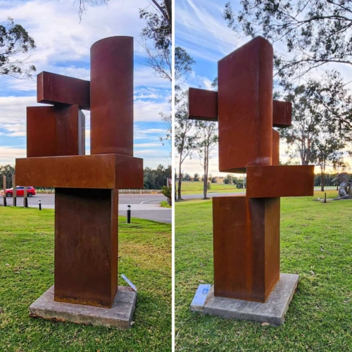 Corten Steel Landmark Sculpture – CubeStack 19 by Alex Scheibner, 300x66x55cm | ARTpark Australia