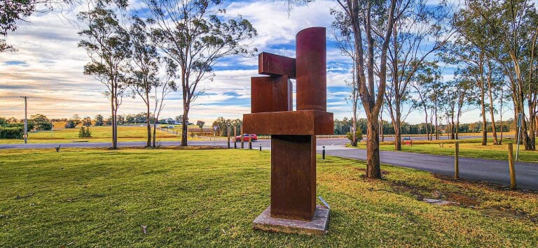 Corten Steel Landmark Sculpture – CubeStack 19 by Alex Scheibner, 300x66x55cm - view 3