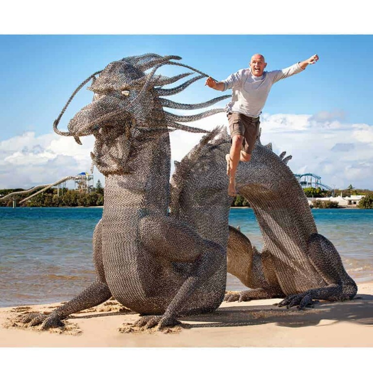 Stainless Steel Dragon Sculpture – Emerging Dragon by Michael Van Dam, 5m