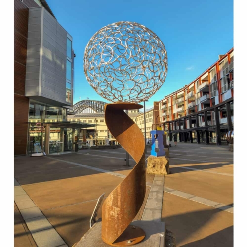 Corten & Stainless Steel Round & Sphere Sculpture – Spiral Sphere by Jason Aslin, 200x90cm | ARTpark Australia