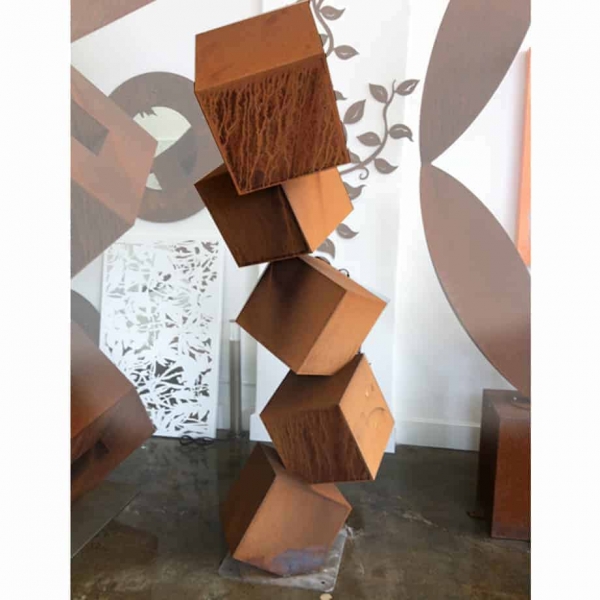 Corten steel, garden sculpture Stacked cubes balanced on a bias - varied sizes and designs available