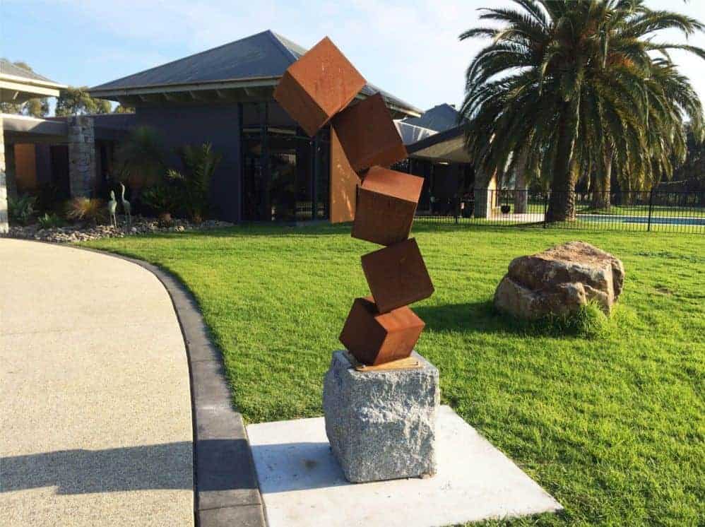 Corten steel, garden sculpture Stacked cubes balanced on a bias - varied sizes and designs available