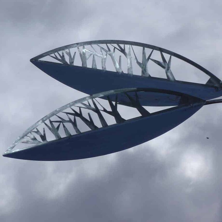 Stainless Steel & CorTen Landmark Sculpture – Silver Silhouette Leaves by Rudi Jass, 270x90cm - view 2