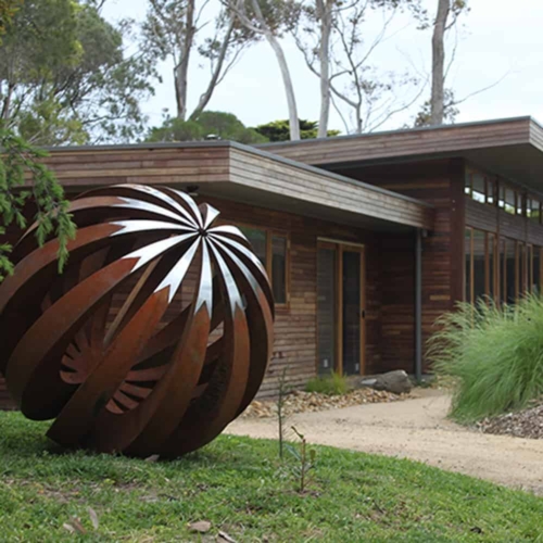 Corten & Stainless Steel Round & Sphere Sculpture – To a Point by Paul Mutimer, 150cm | ARTpark Australia