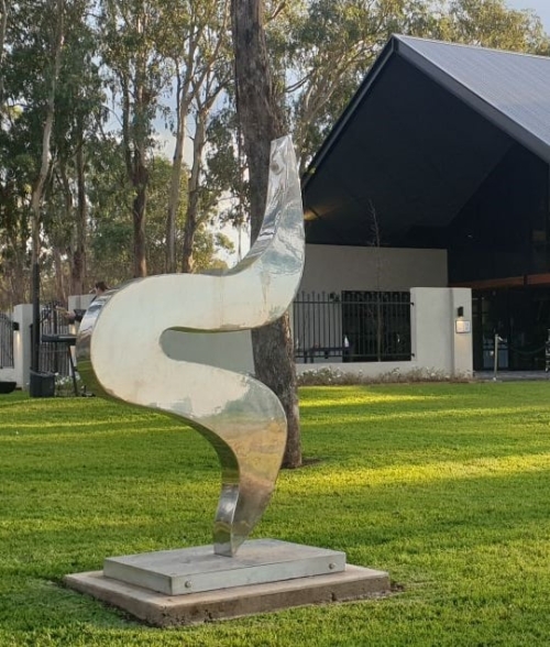 Stainless Steel Abstract Sculpture – River Bend by Stephen Coburn, 240x110x110cm | ARTpark Australia