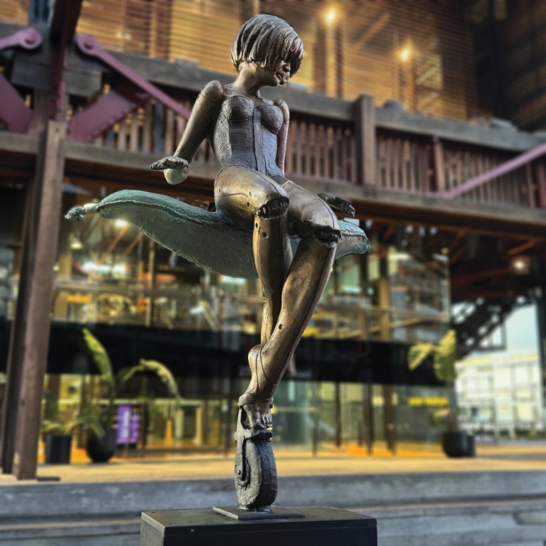 Bronze Figurative Sculpture – Soft Landing by Stephen Glassborow, 180x50x55cm - view 2