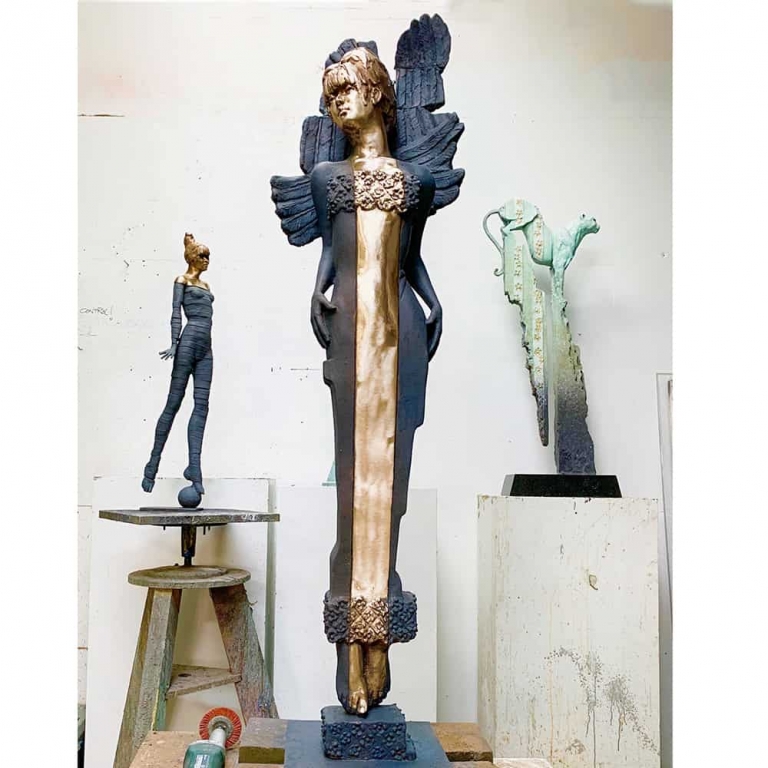 Bronze Figurative Sculpture – Chameleon by Stephen Glassborow, 150cm on 30cm Plinth - view 2