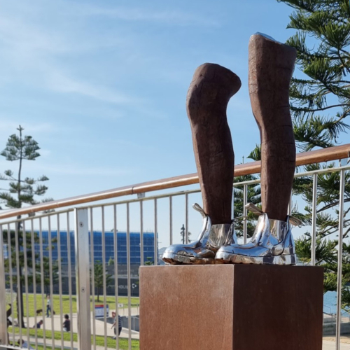 Corten & Stainless Steel Figurative Sculpture – These Boots Are Made for Walking by Nicole Allen, 66x30x40cm on 80x45x45cm Plinth | ARTpark Australia