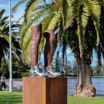 Corten & Stainless Steel Figurative Sculpture – These Boots Are Made for Walking by Nicole Allen, 66x30x40cm on 80x45x45cm Plinth | ARTpark Australia
