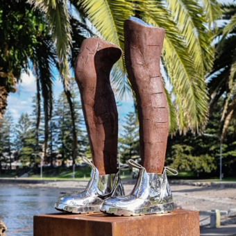 Corten & Stainless Steel Figurative Sculpture – These Boots Are Made for Walking by Nicole Allen, 66x30x40cm on 80x45x45cm Plinth | ARTpark Australia