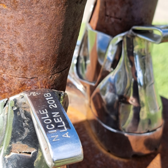 Corten & Stainless Steel Figurative Sculpture – These Boots Are Made for Walking by Nicole Allen, 66x30x40cm on 80x45x45cm Plinth | ARTpark Australia