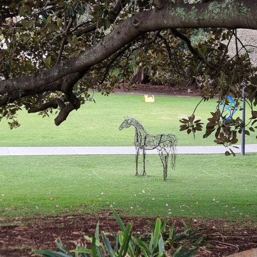 Fabricated Steel Horse Sculpture – Stockman by Mark Niglia, 295x235x65cm | ARTpark Australia