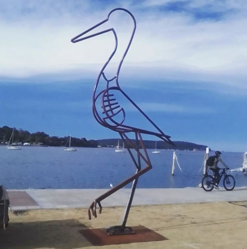 Fabricated Steel Egret Sculpture – Hungry Egret by Tobias Bennett, 450x125x65cm | ARTpark Australia