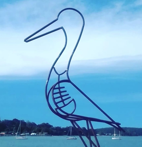 Fabricated Steel Egret Sculpture – Hungry Egret by Tobias Bennett, 450x125x65cm | ARTpark Australia