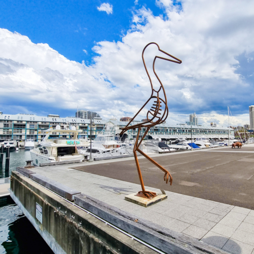 Fabricated Steel Egret Sculpture – Hungry Egret by Tobias Bennett, 450x125x65cm | ARTpark Australia
