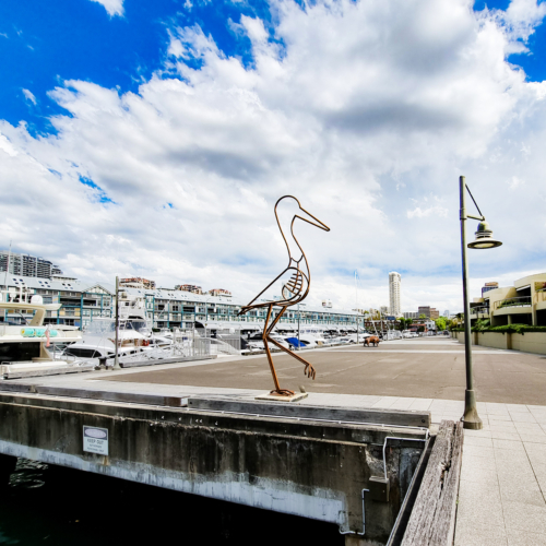 Fabricated Steel Egret Sculpture – Hungry Egret by Tobias Bennett, 450x125x65cm | ARTpark Australia
