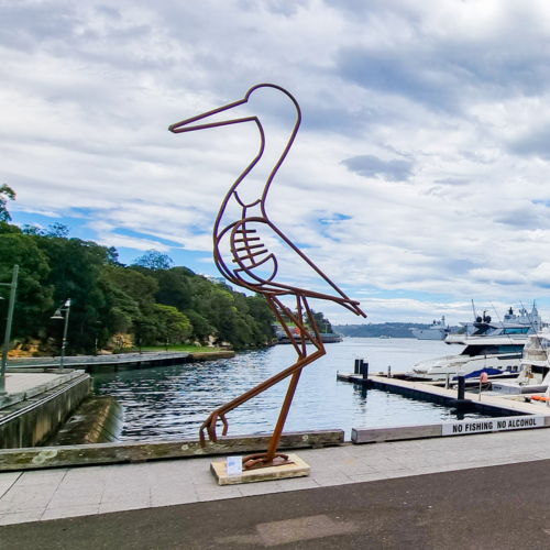 Fabricated Steel Egret Sculpture – Hungry Egret by Tobias Bennett, 450x125x65cm | ARTpark Australia