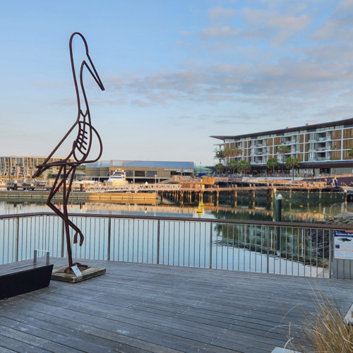 Fabricated Steel Egret Sculpture – Hungry Egret by Tobias Bennett, 450x125x65cm | ARTpark Australia