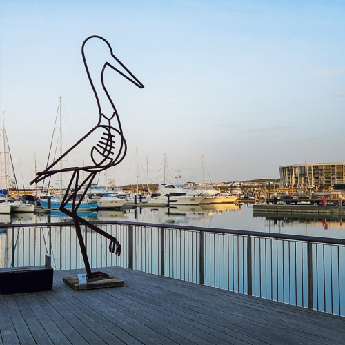 Fabricated Steel Egret Sculpture – Hungry Egret by Tobias Bennett, 450x125x65cm | ARTpark Australia