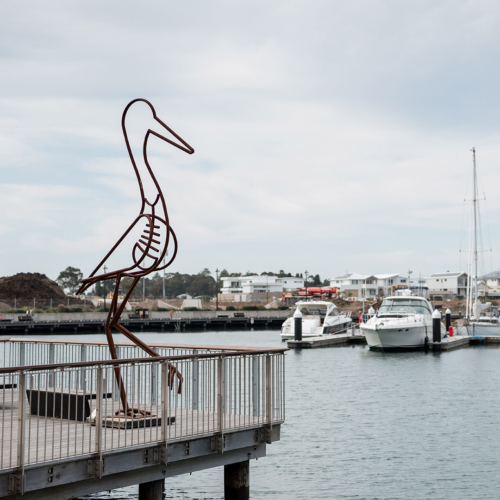 Fabricated Steel Egret Sculpture – Hungry Egret by Tobias Bennett, 450x125x65cm | ARTpark Australia