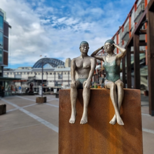 Bronze Figurative Sculpture – On the Edge by Mela Cooke, 77cm on 100cm Corten Plinth | ARTpark Australia