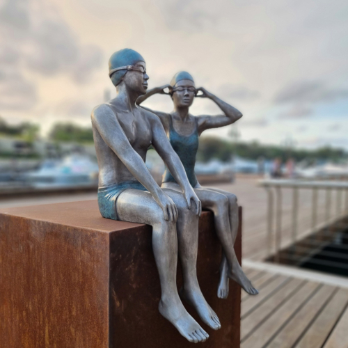 Bronze Figurative Sculpture – On the Edge by Mela Cooke, 77cm on 100cm Corten Plinth | ARTpark Australia
