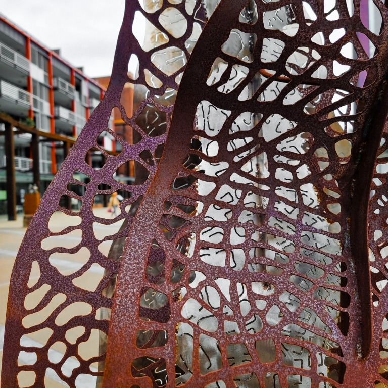 Stainless & Corten Steel Sculpture – Eucalyptus Leaves by Mark Kelly, 240x45x45cm | ARTpark Australia