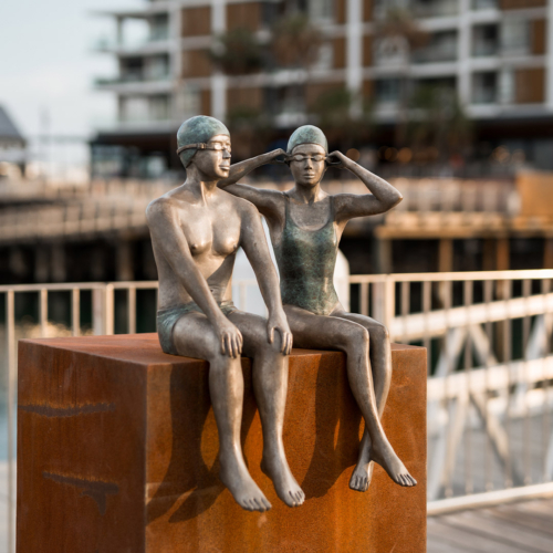 Bronze Figurative Sculpture – On the Edge by Mela Cooke, 77cm on 100cm Corten Plinth | ARTpark Australia