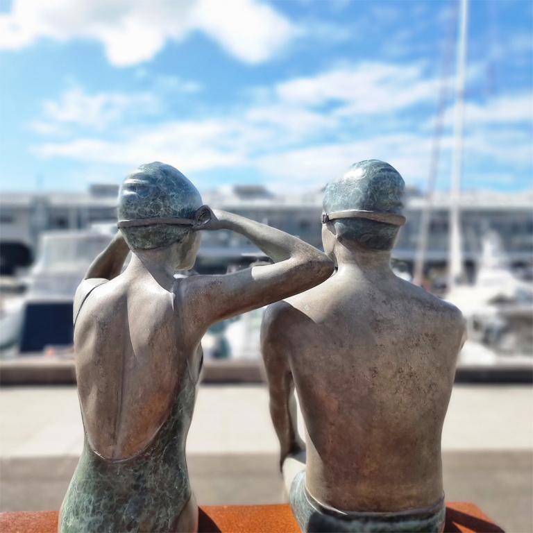 Bronze Figurative Sculpture – On the Edge by Mela Cooke, 77cm on 100cm Corten Plinth - view 4