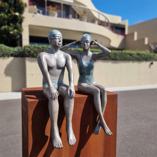 Bronze Figurative Sculpture – On the Edge by Mela Cooke, 77cm on 100cm Corten Plinth | ARTpark Australia