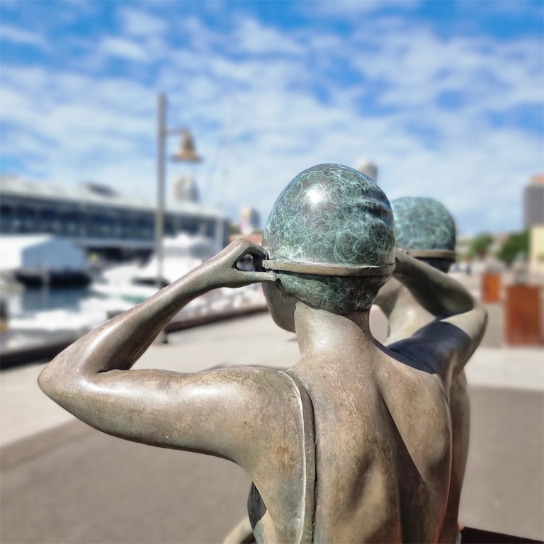 Bronze Figurative Sculpture – On the Edge by Mela Cooke, 77cm on 100cm Corten Plinth - view 5