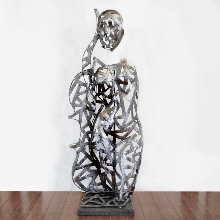 Stainless Steel Figurative Sculpture – Strings of life by Emad Dhahir, 130x45x25cm