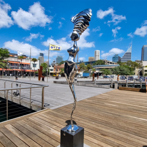 Stainless Steel Figurative Sculpture – Muse of Time, Flight by Hugh McLachlan, 250x40x30cm | ARTpark Australia