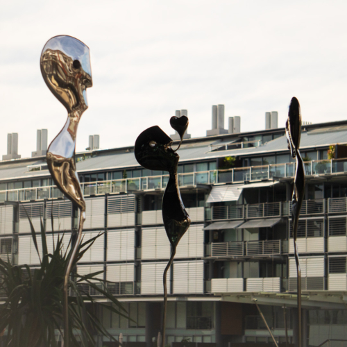 Stainless Steel & Corten Figurative Sculpture – Figures in the landscape by Hugh McLachlan, 200cm | ARTpark Australia