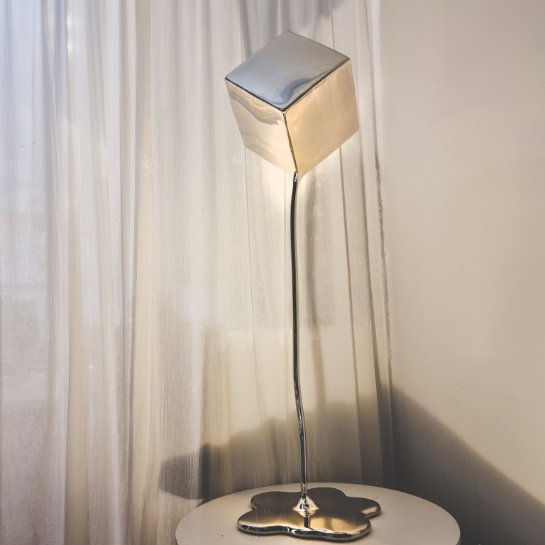 Stainless Steel Abstract Sculpture – Cube Melt by Hugh McLachlan, 110x33x33cm - view 2