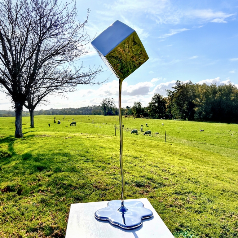 Stainless Steel Abstract Sculpture – Cube Melt by Hugh McLachlan, 110x33x33cm - view 5